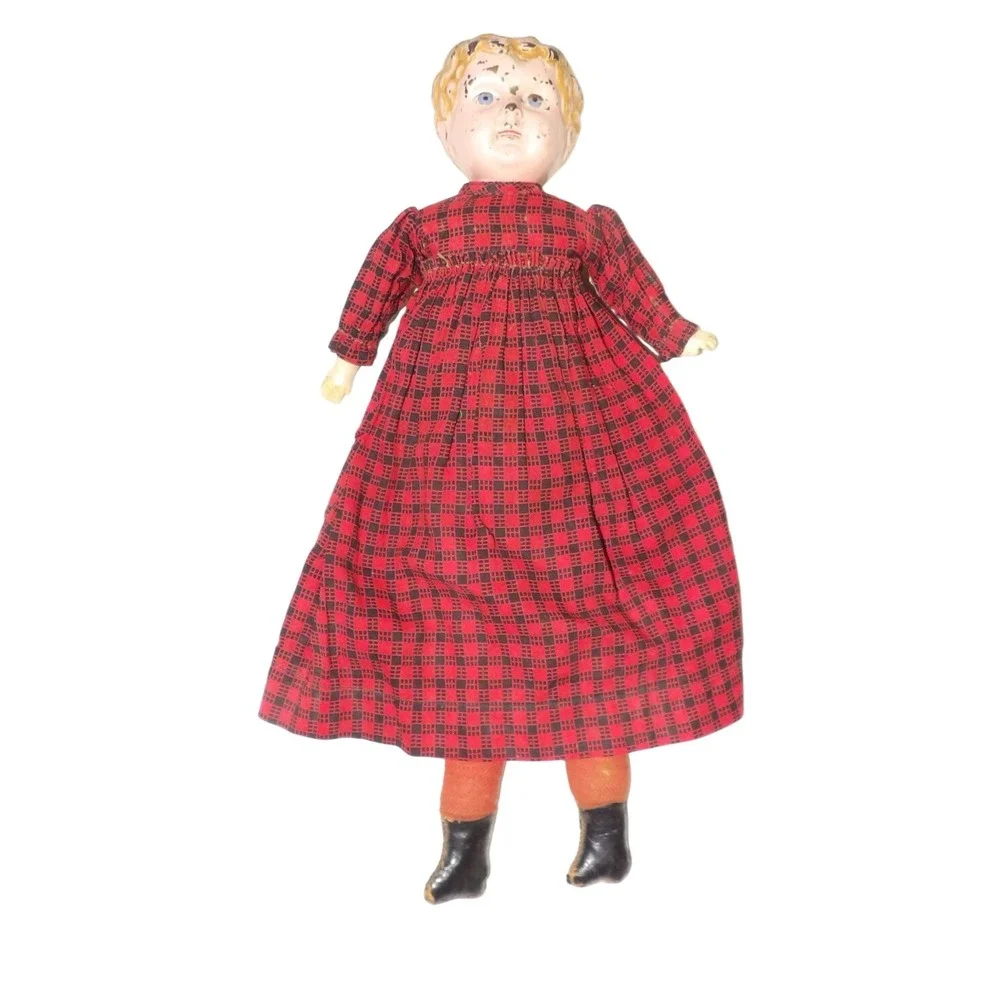 Minerva Composition Cloth Doll Red Plaid Dress Molded Blonde Hair Primitive Toy